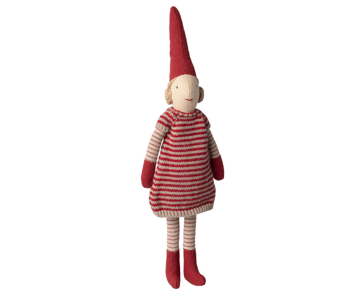Maileg Nisse - Pixy Kravlenisse str. 1 Pige Strikket Stribet Kjole