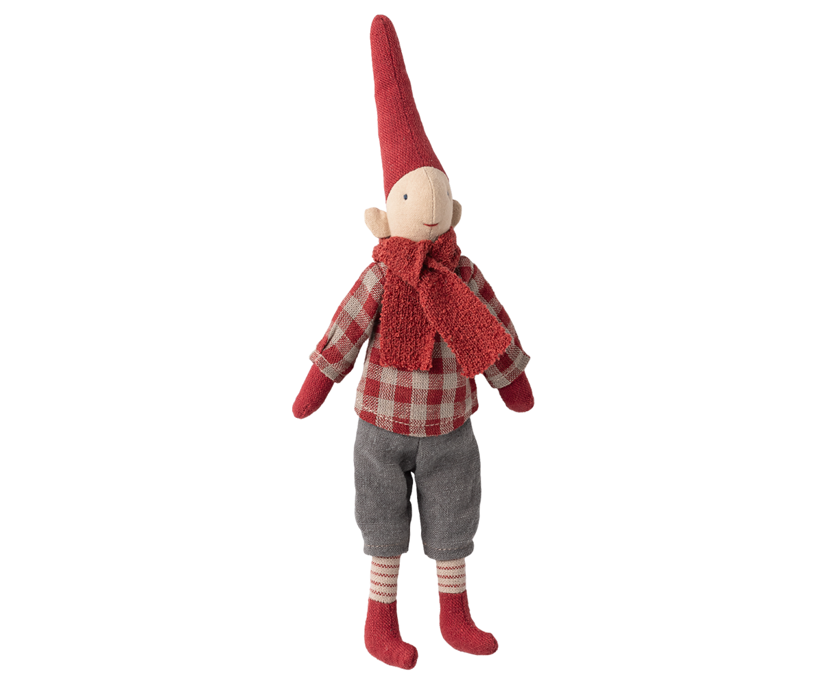 Maileg Nisse - Pixy Kravlenisse Str. 1, Dreng Rød Ternet Skjorte