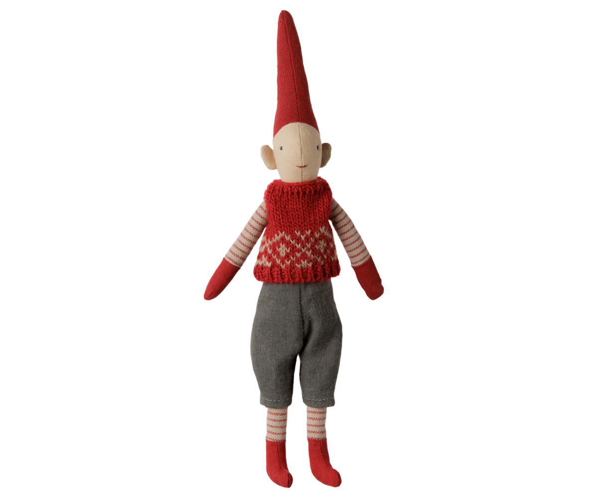 Maileg Nisse - 6415 Pixy Kravlenisse Str. 1, Dreng Med Rød Strik Vest