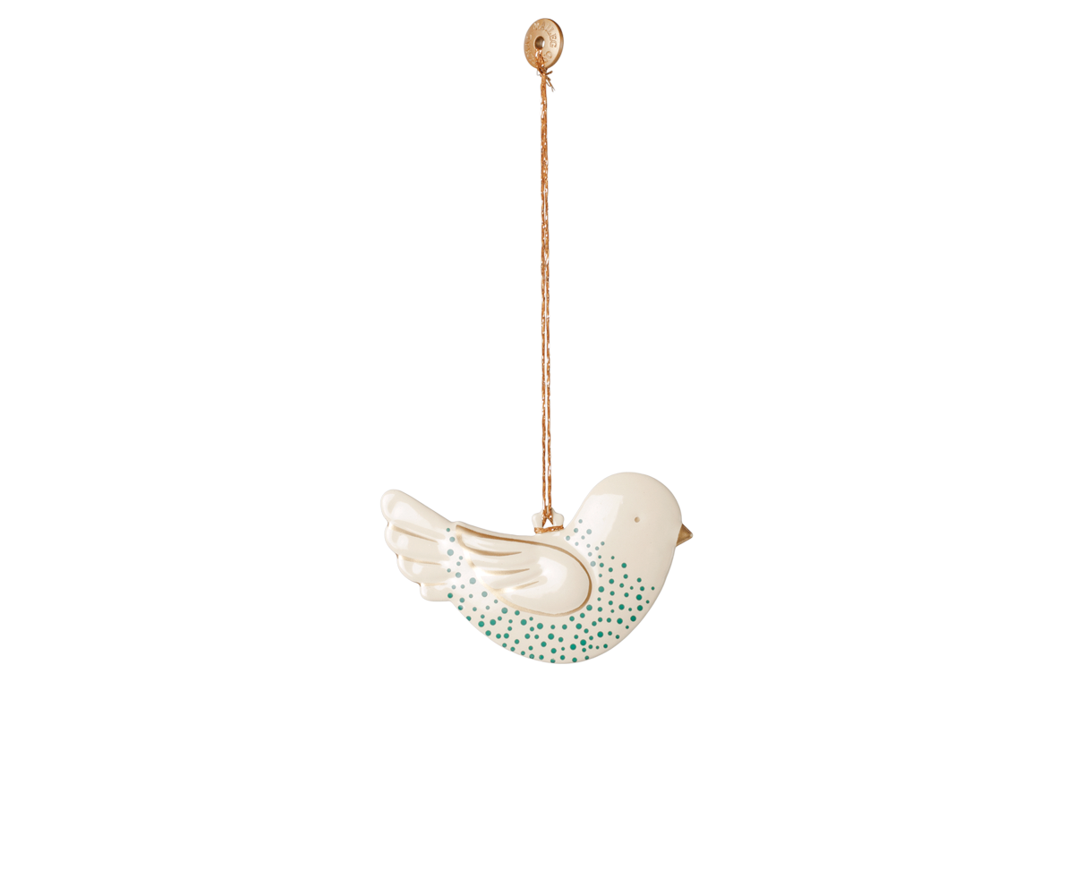 Maileg Julepynt - Metal Ornament Fugl i Off-white Grøn Dots