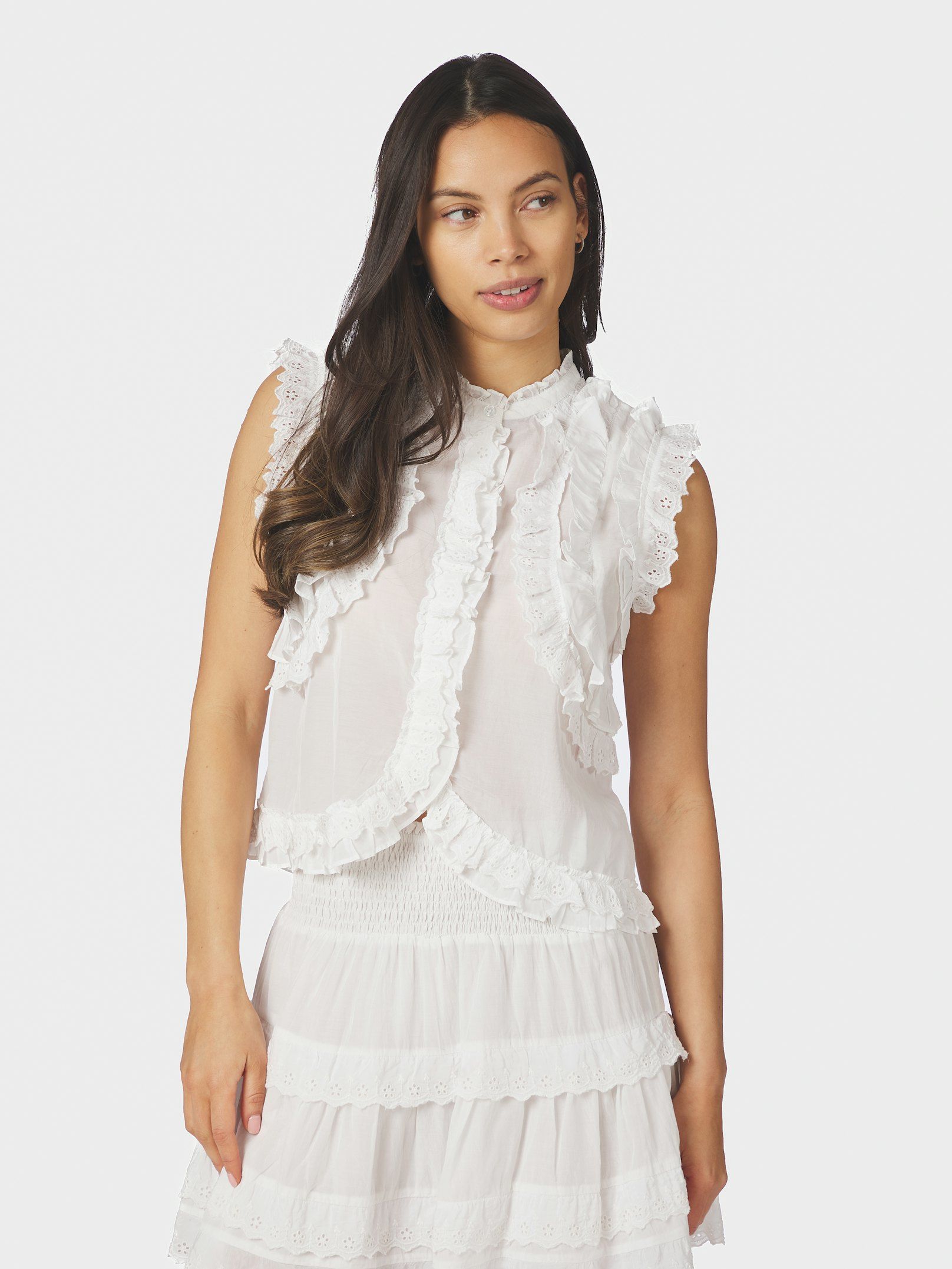 Neo Noir Top - Celia Ruffle Top i Hvid