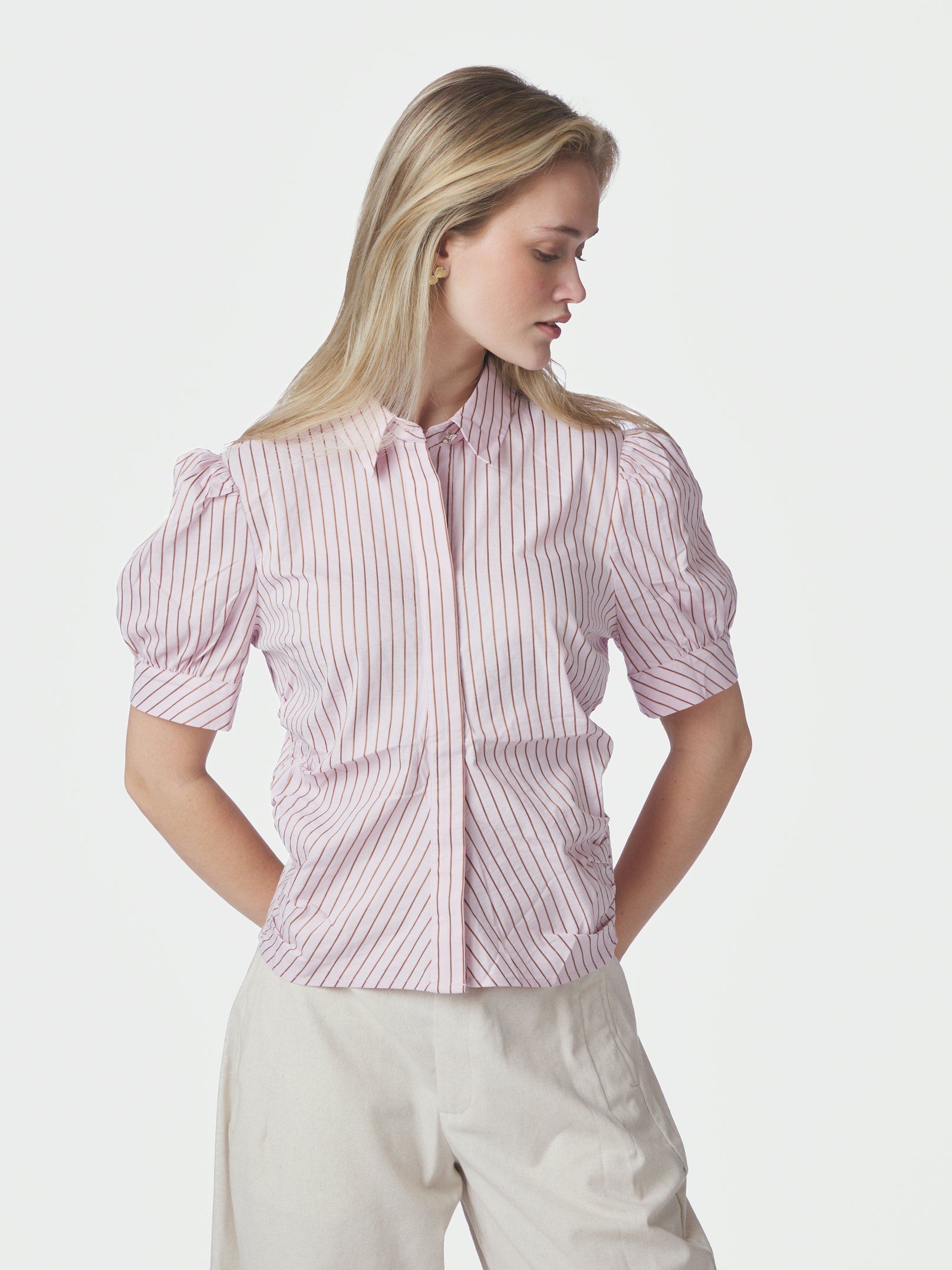 Neo Noir Skjorte - Frannie Struktur Stribet Skjorte i Light Pink