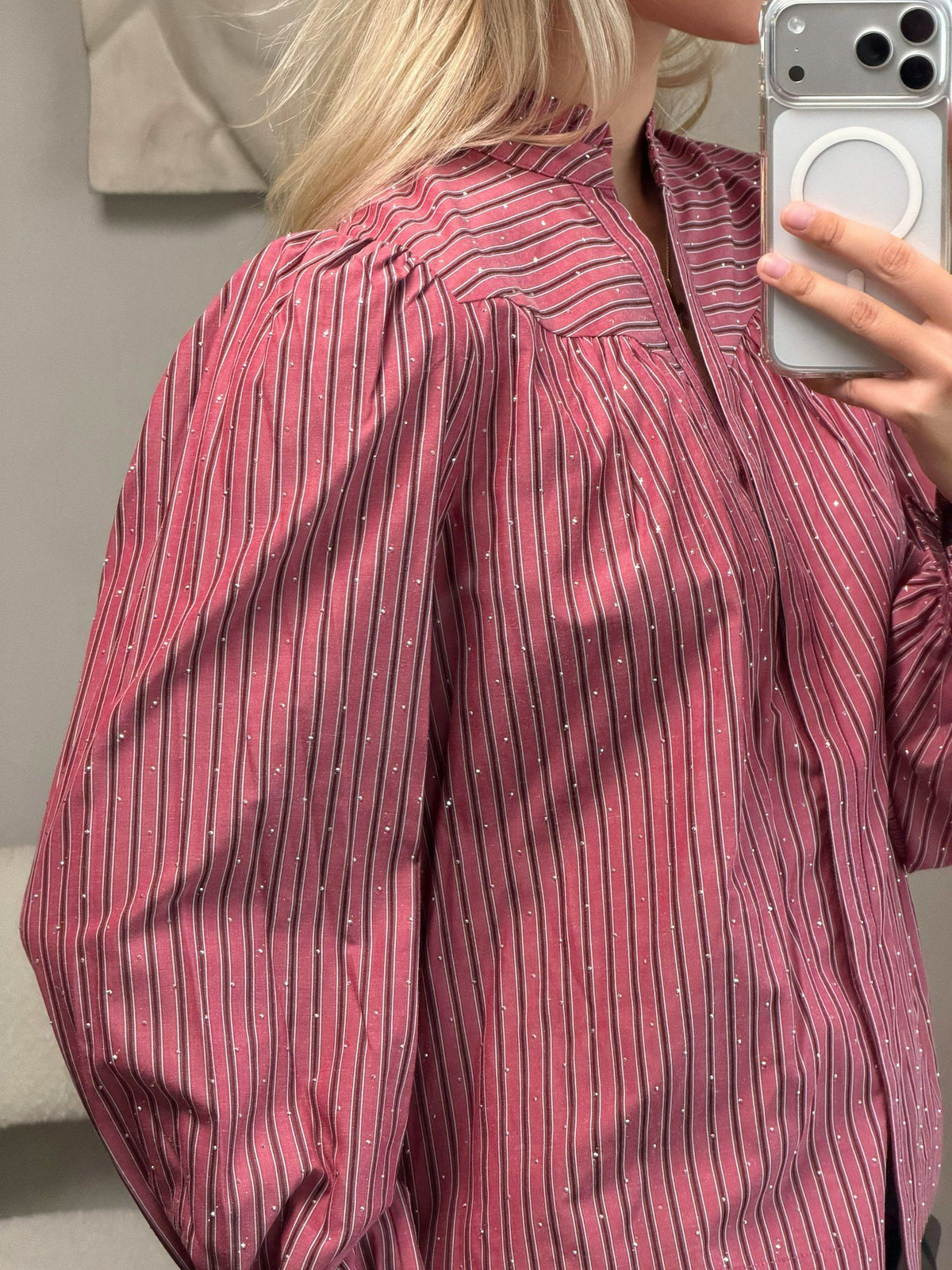 Neo Noir Bluse - Astrida Soft Stripe Stone Bluse i Dark Rose