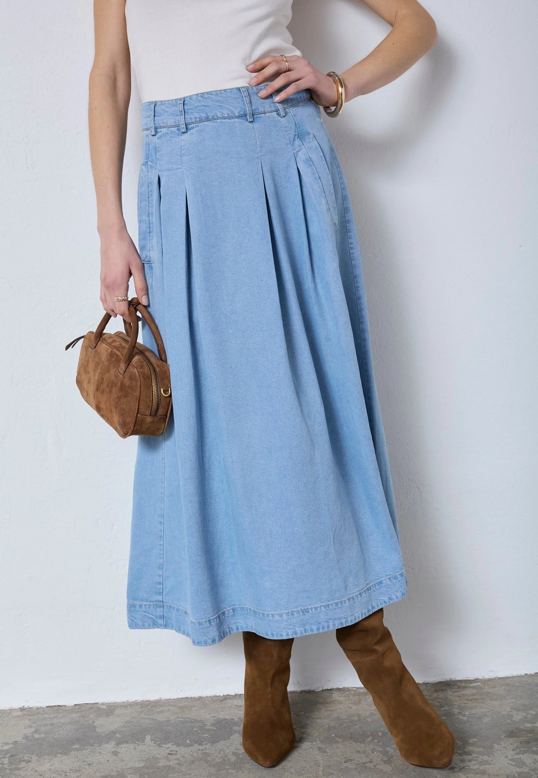 Co´couture Nederdel - TillyCC Anya Pleat Nederdel i Fade Denim