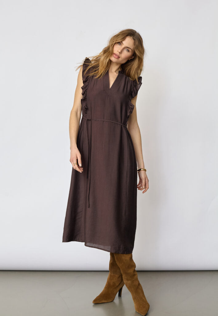 Co´Couture Kjole - HeraCC Frill SS V-Kjole i Dark Brown