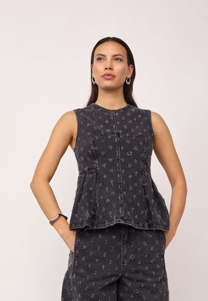 Co´Couture Top - DerriCC Dot Denim Top i Mid Grey