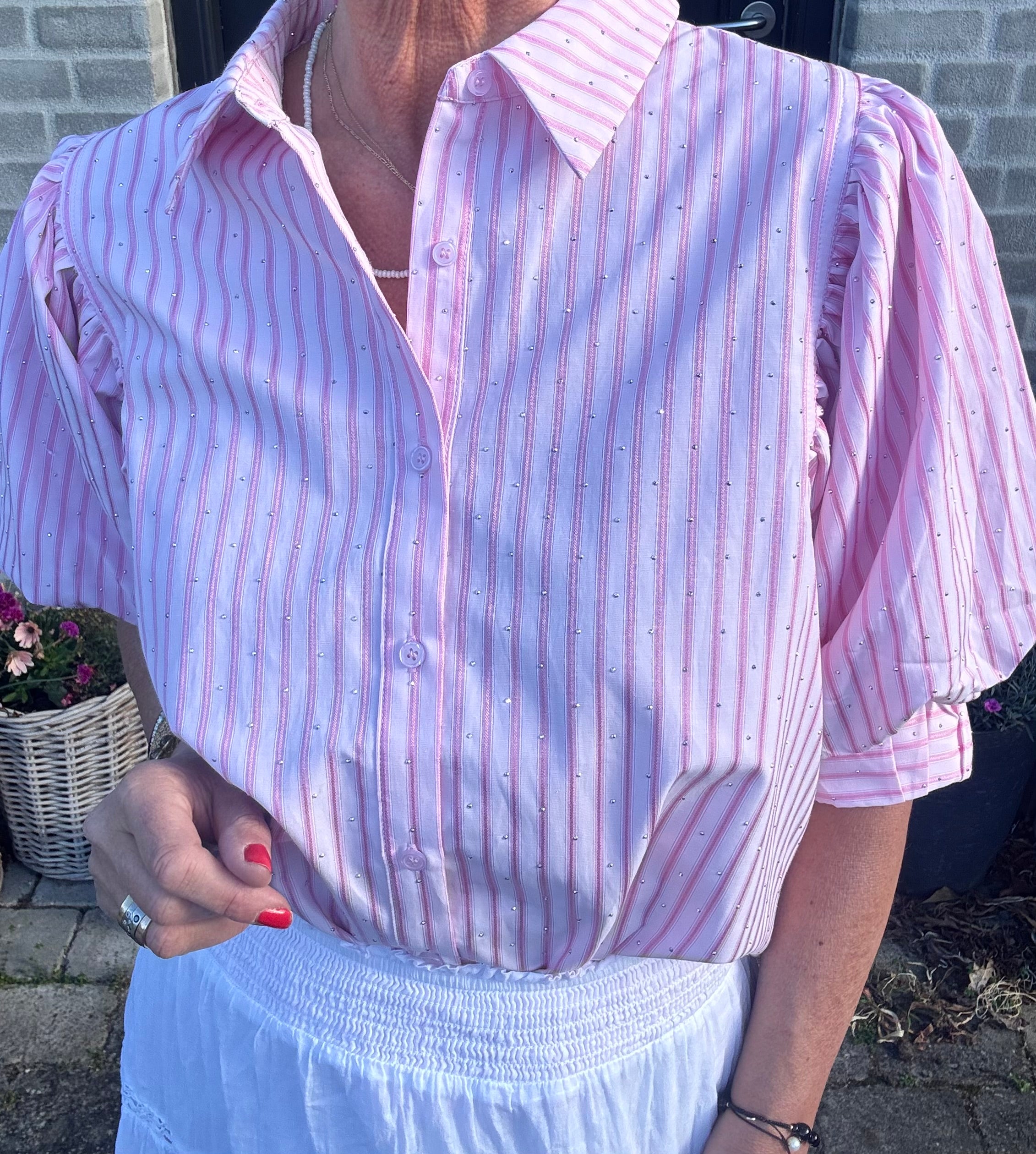 Neo Noir Bluse - Etta Stripe Stone Bluse i Light Pink