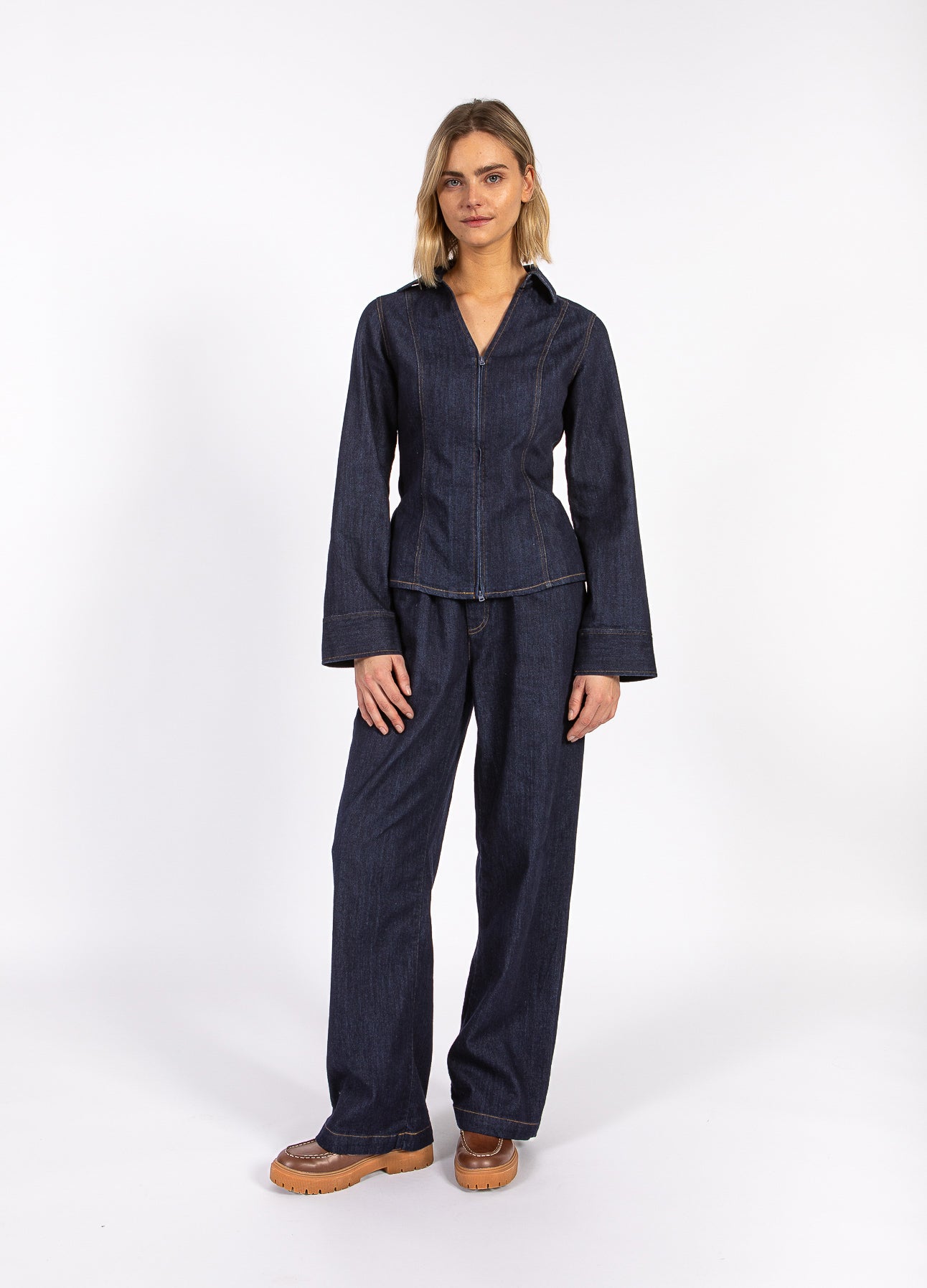 Coster Copenhagen Skjorte - CC Heart Kalani Denim Zip Skjorte i Dark Blue Denim
