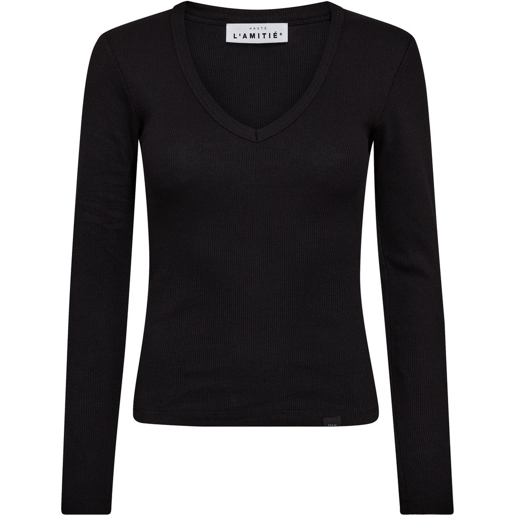 Haute L´amitié Bluse - Deep V-neck LS Rib Bluse i Sort