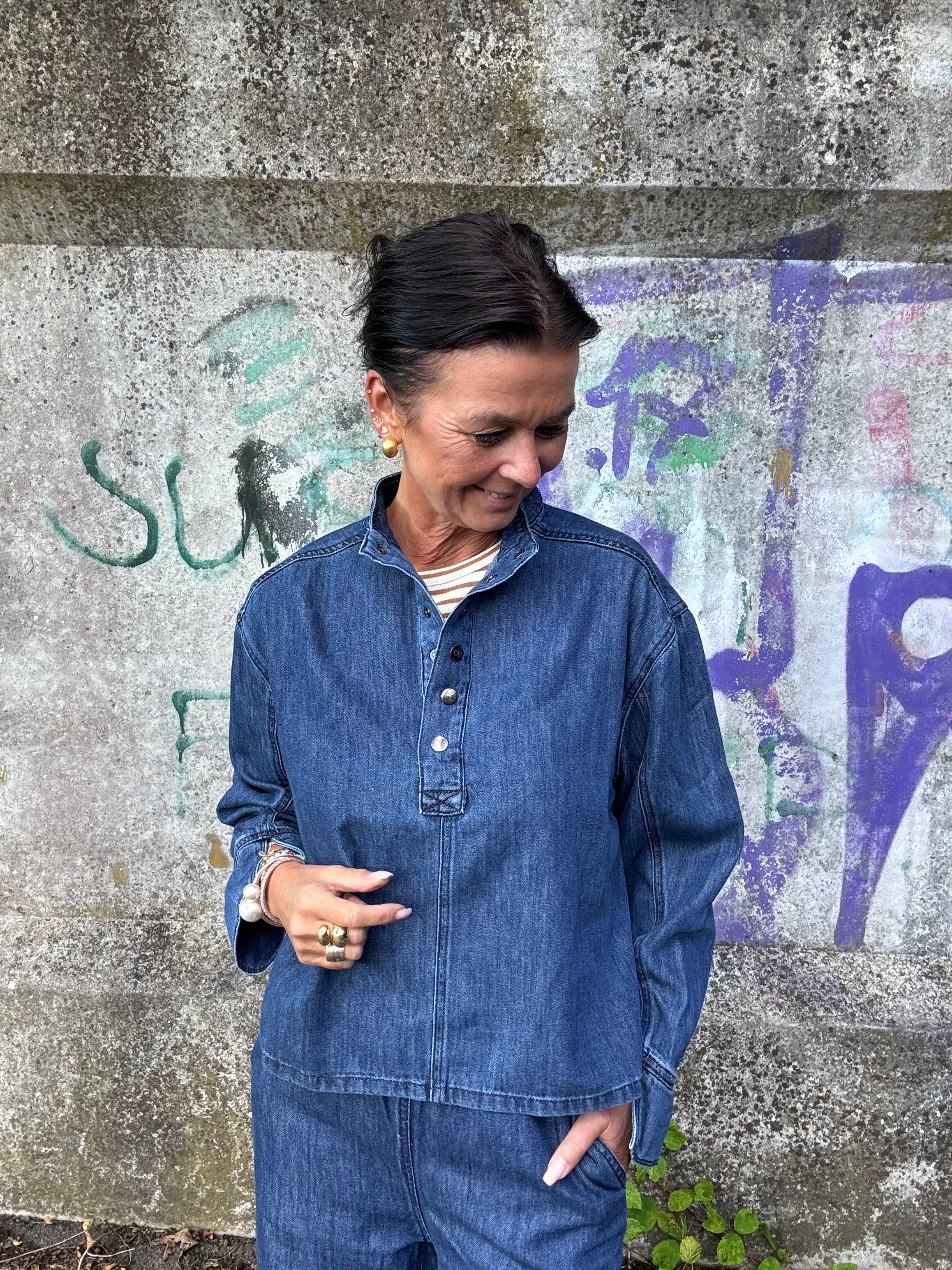 Co´Couture Skjorte - AzminaCC Denim Placket Bluse i Denim Blue