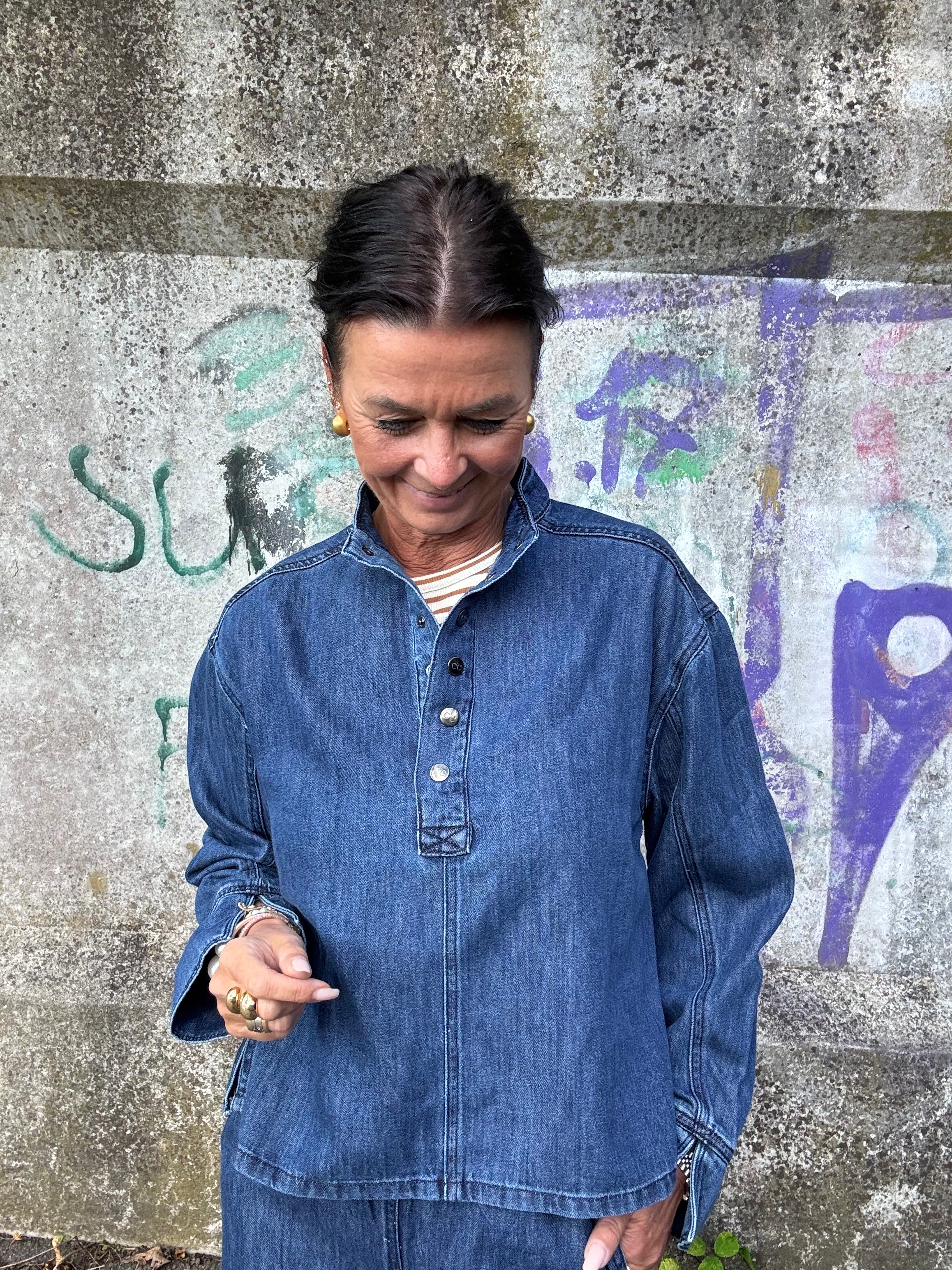 Co´Couture Skjorte - AzminaCC Denim Placket Bluse i Denim Blue