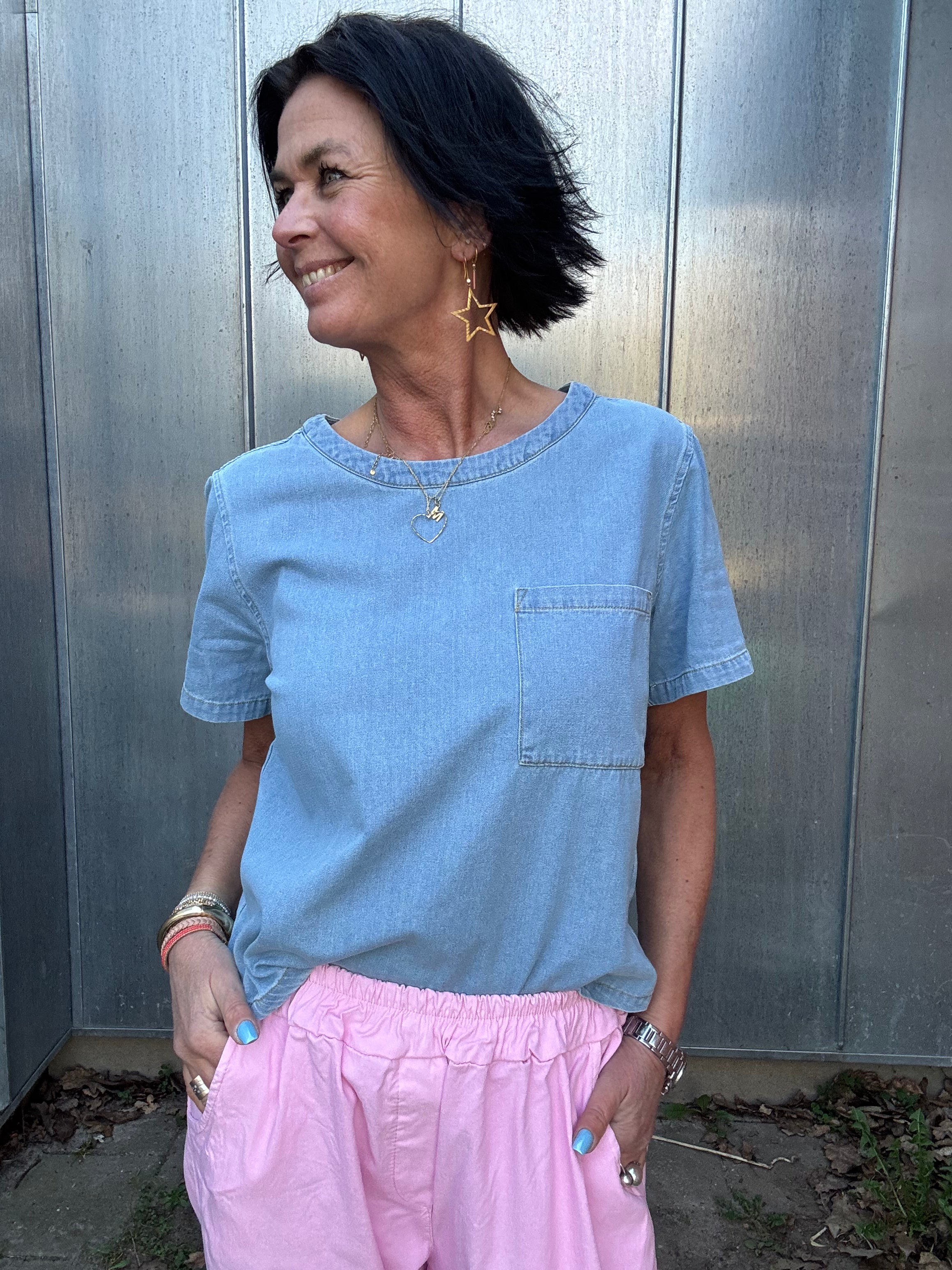 Coster Copenhagen Bluse - CC Heart Ellis Kort Denim Bluse i Denim Blue