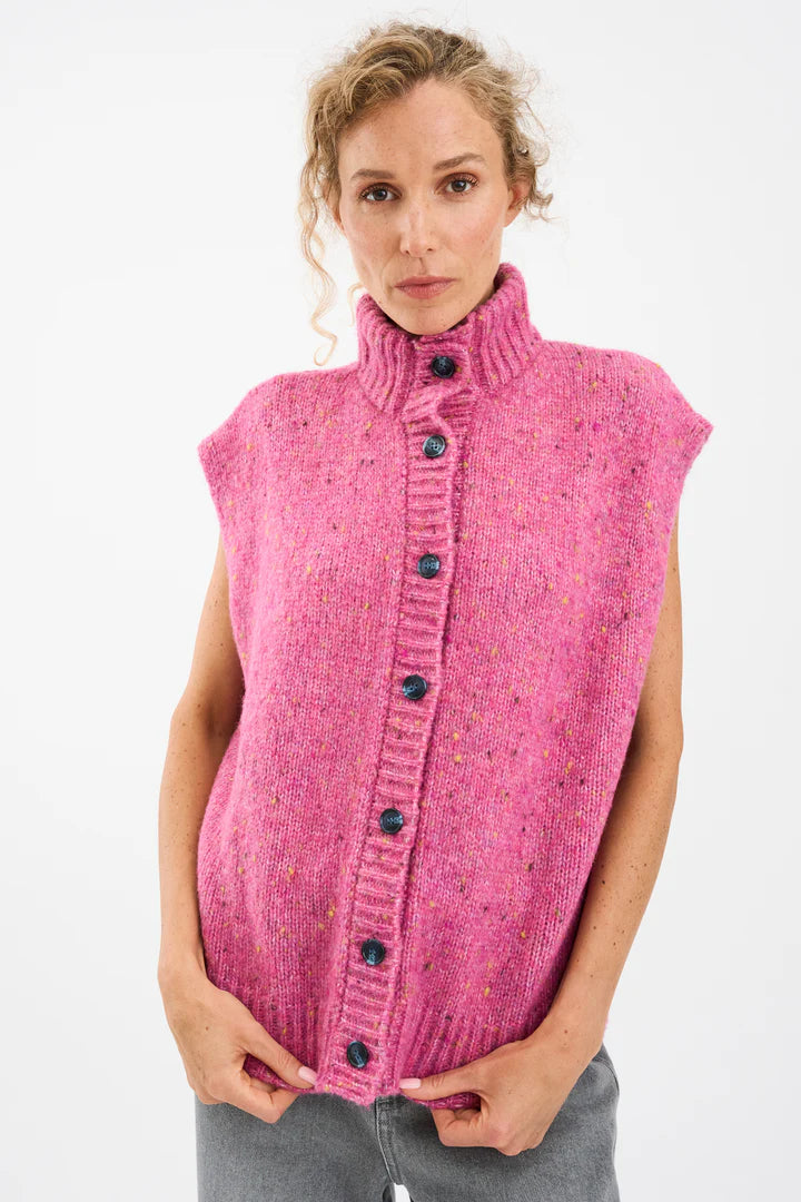 Pieszak Cardigan - PD-Holly Button Hight Nech Strik Vest i Berry Glow