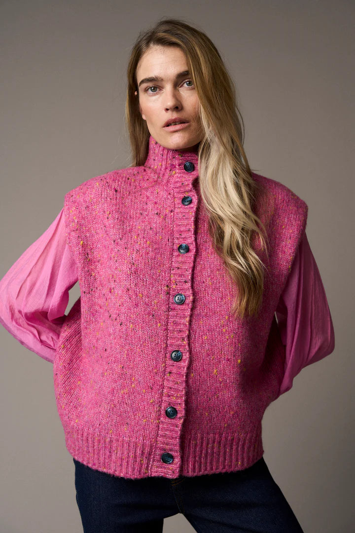 Pieszak Cardigan - PD-Holly Button Hight Nech Strik Vest i Berry Glow