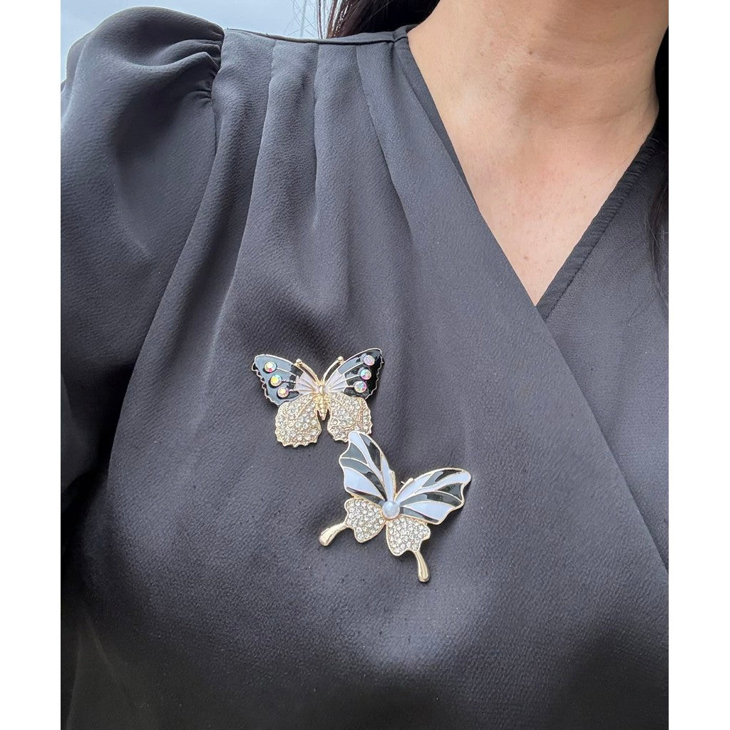 Tim & Simonsen Broche - 682 Pin Sommerfugl Med Glassten i Sort-Hvid