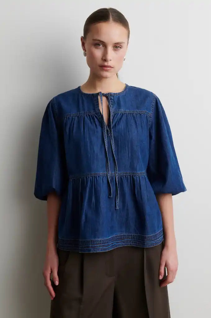 Second Female Bluse - Evana Denim Bluse i Denim Blå