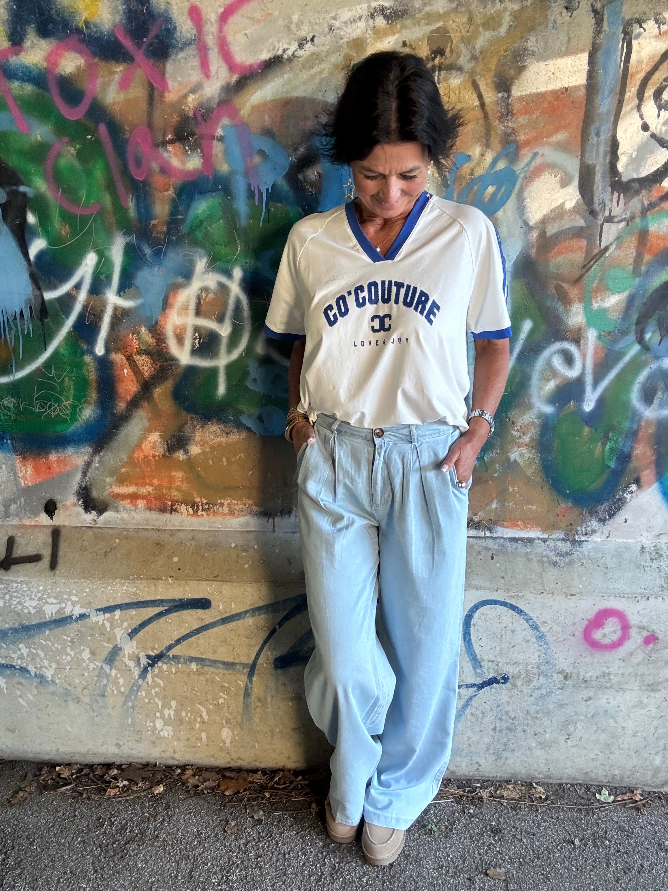 Co'Couture T-Shirt - SiaraCC Oversize V-Hals T-shirts i Off White New Blue