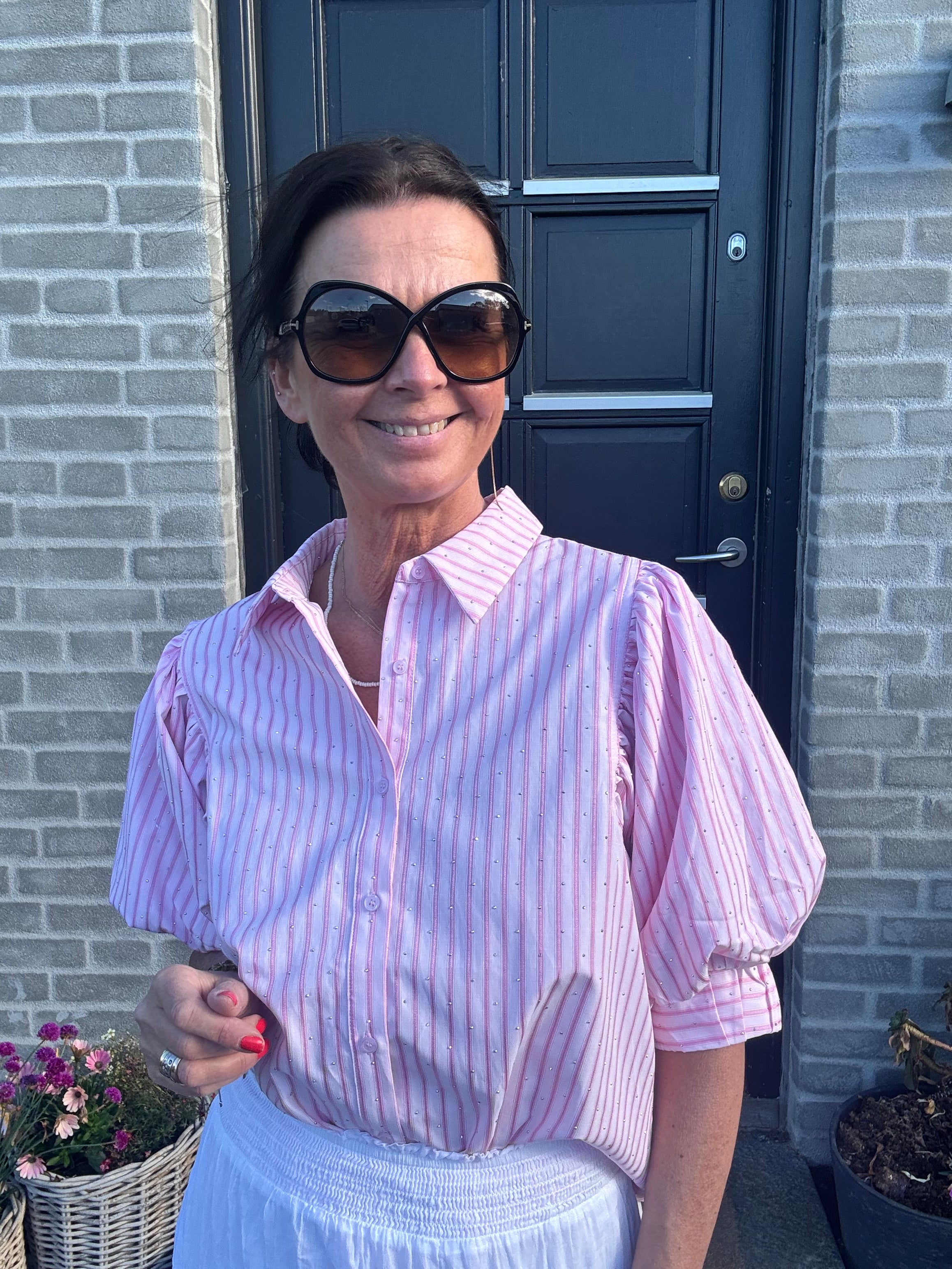 Neo Noir Bluse - Etta Stripe Stone Bluse i Light Pink