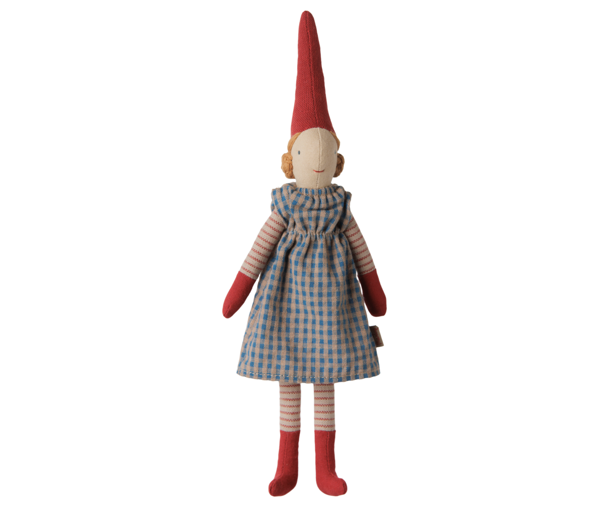 Maileg Nisse - 6412 Pixy Kravlenisse Str. 1,  Pige Med Blå Ternet Kjole