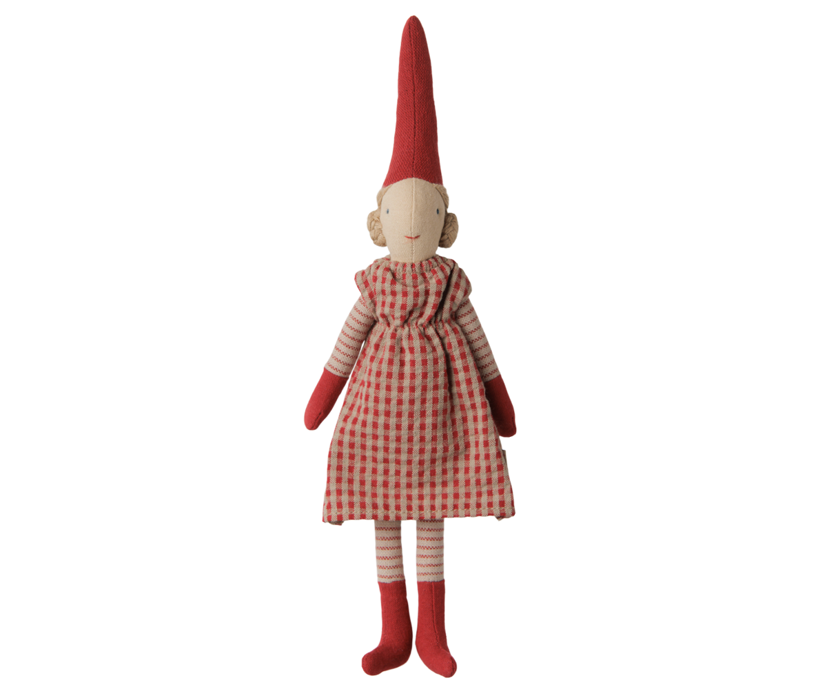Maileg Nisse - 6413 Pixy Kravlenisse Str. 1, Pige Med Rød Ternet Kjole