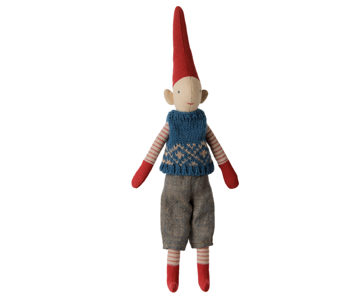 Maileg Nisse - 6414 Pixy Kravlenisse Str. 1, Dreng Med Blå Strik Vest