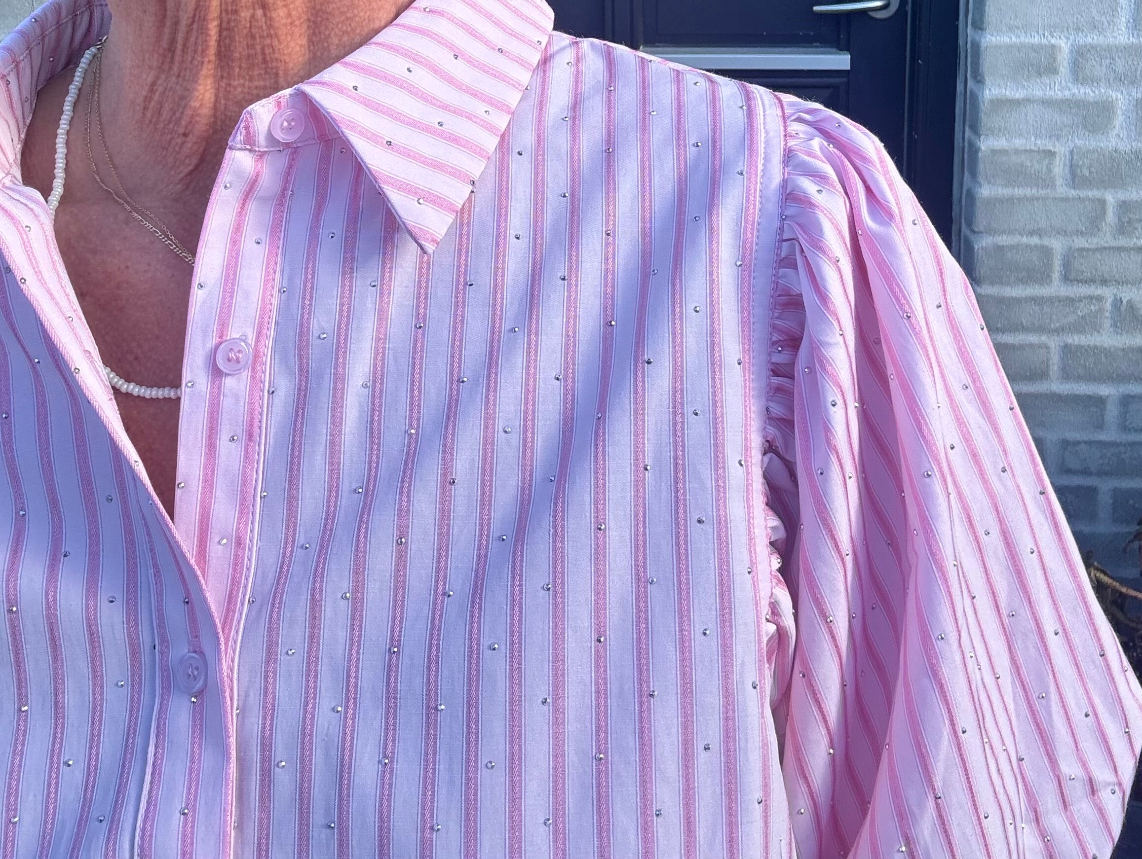 Neo Noir Bluse - Etta Stripe Stone Bluse i Light Pink