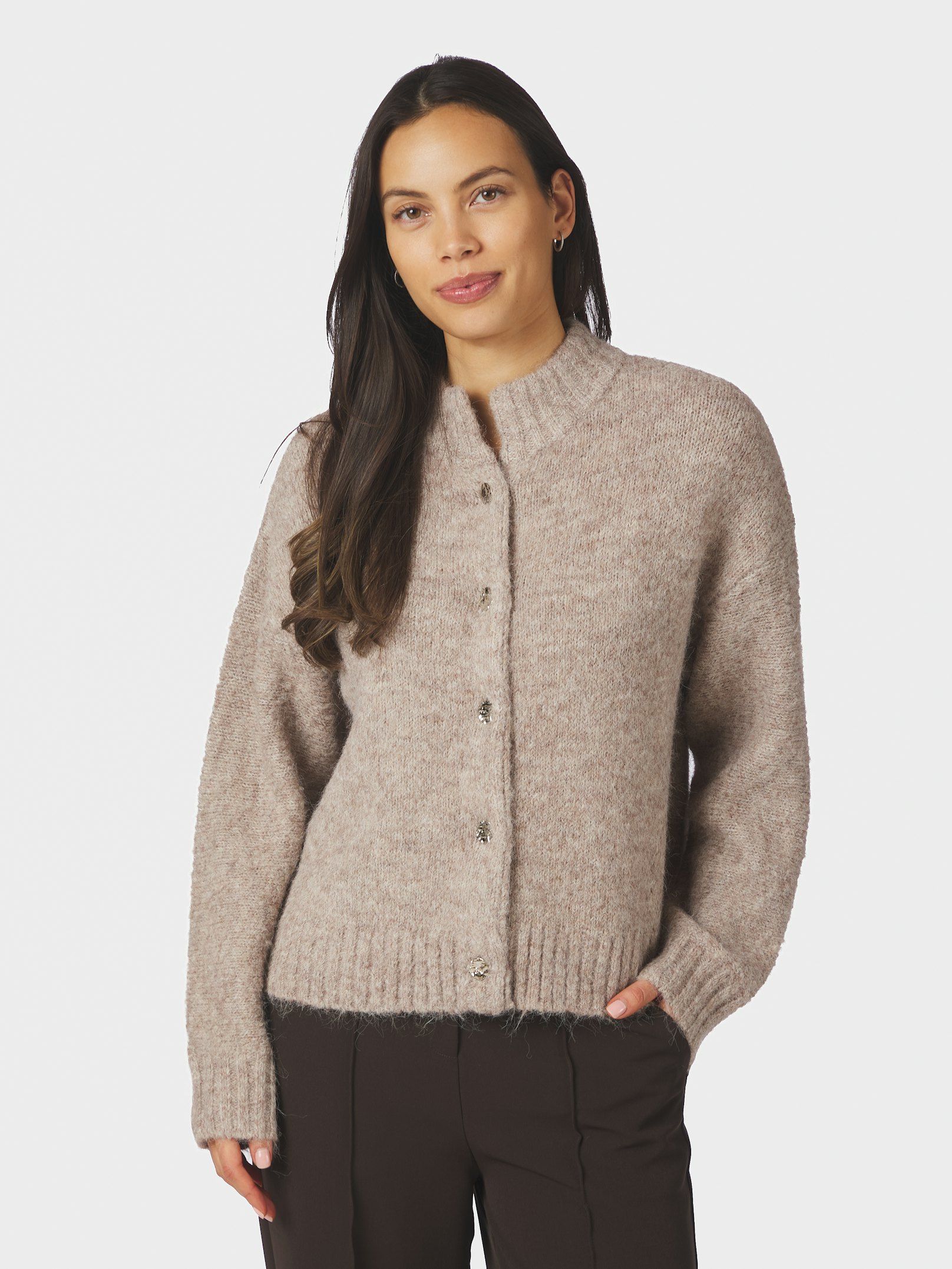 Neo Noir Cardigan - Taura Fluffy Strik Cardigan i Beige Melange
