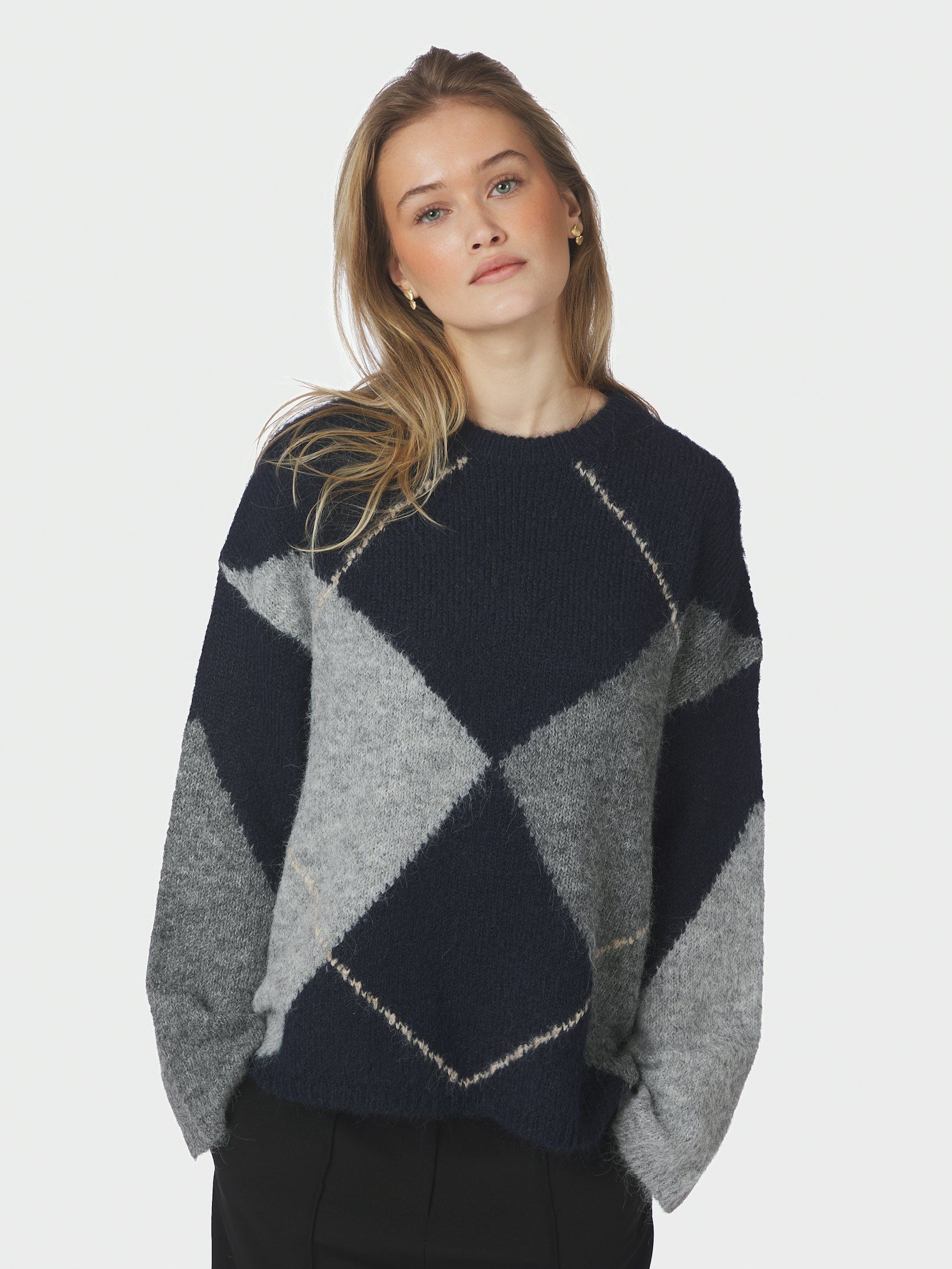 Neo Noir Strik - Inga Check Fluff Strik Bluse i Navy