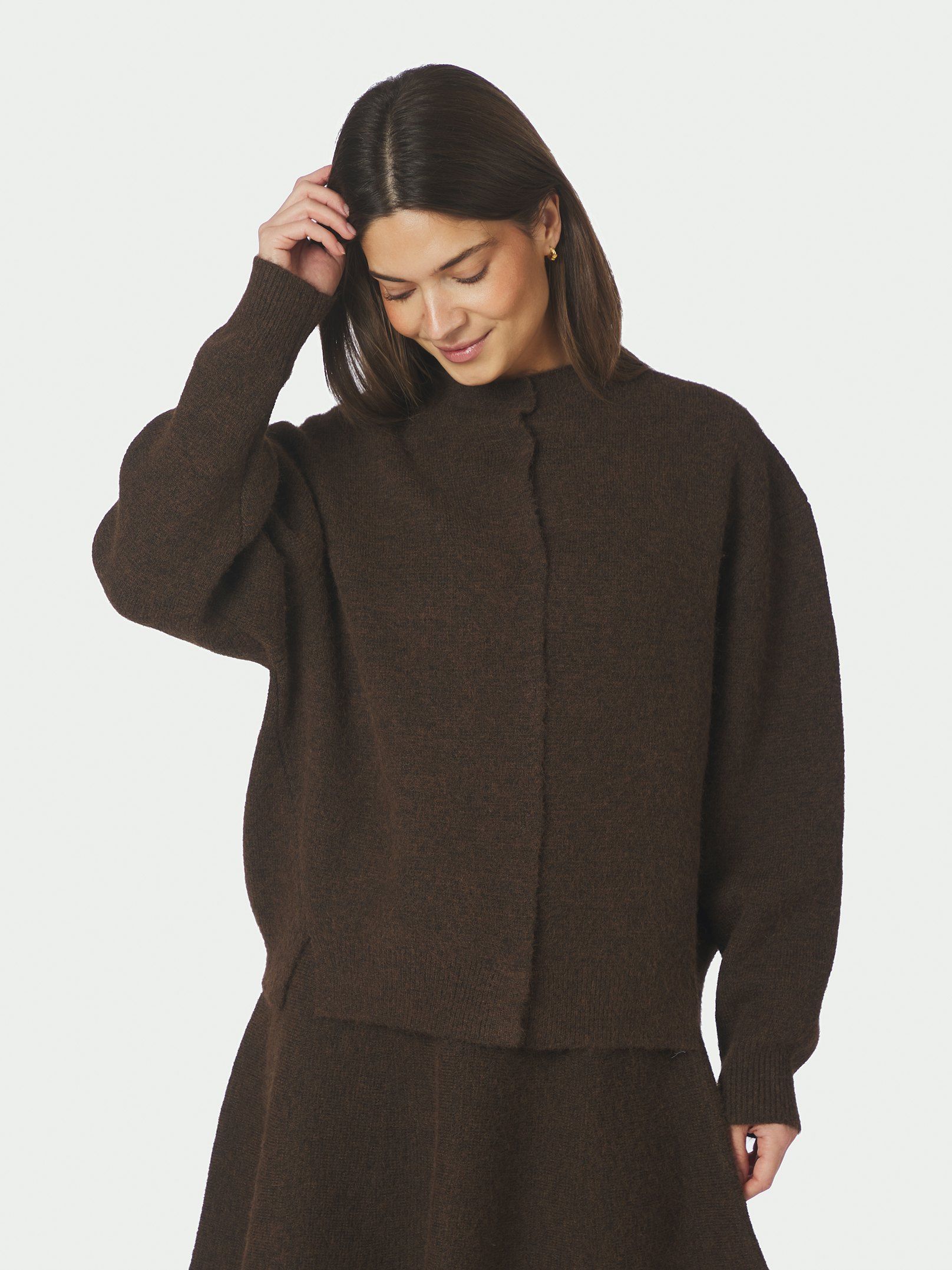 Neo Noir Cardigan - Diona Fluffy Strik Cardigan i Brown Melange