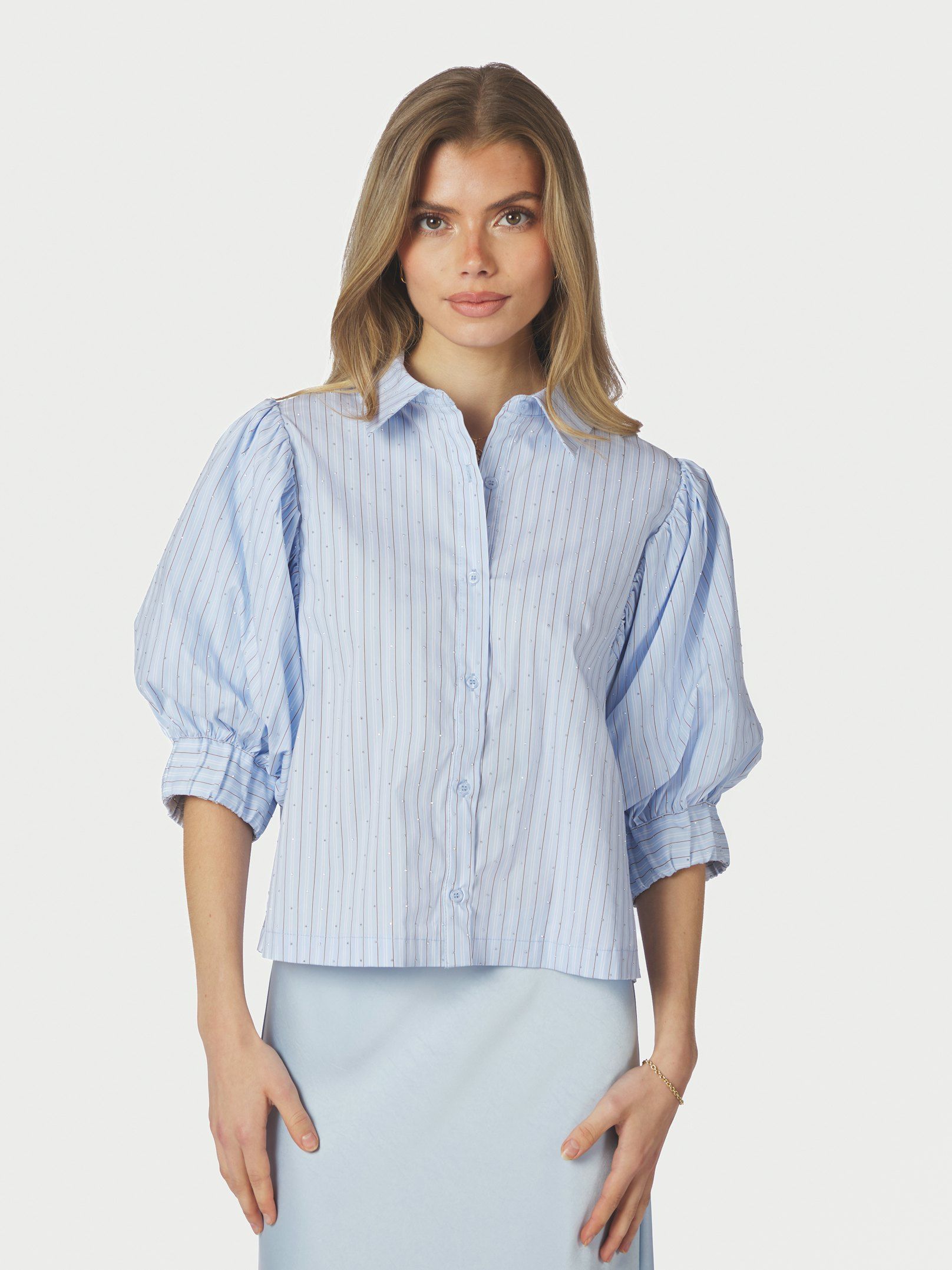 Neo Noir Bluse - Etta Stripe Stone Bluse i Light Blue