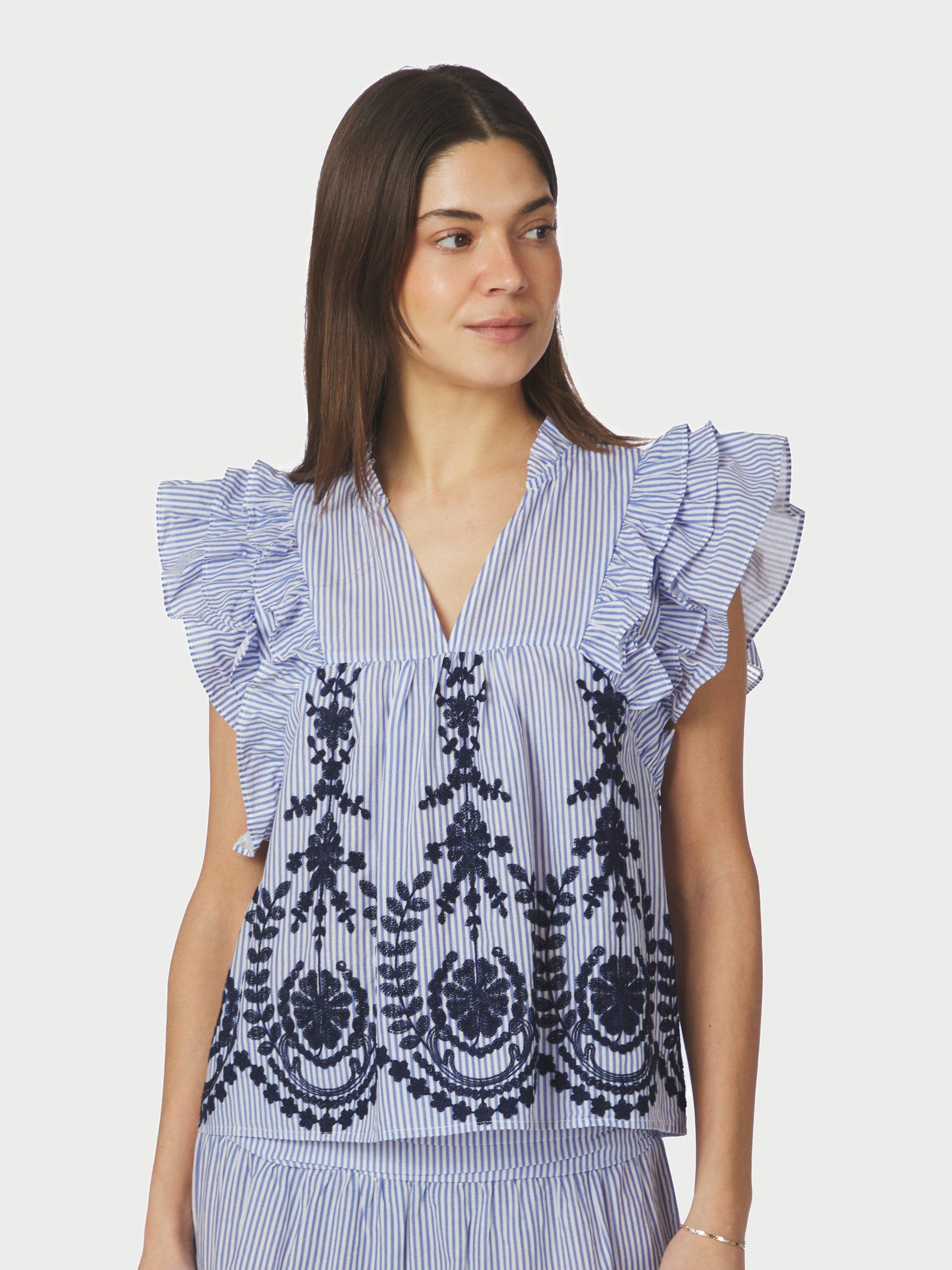 Neo Noir Top - Jayla Stripe Embroidery Top i Blå
