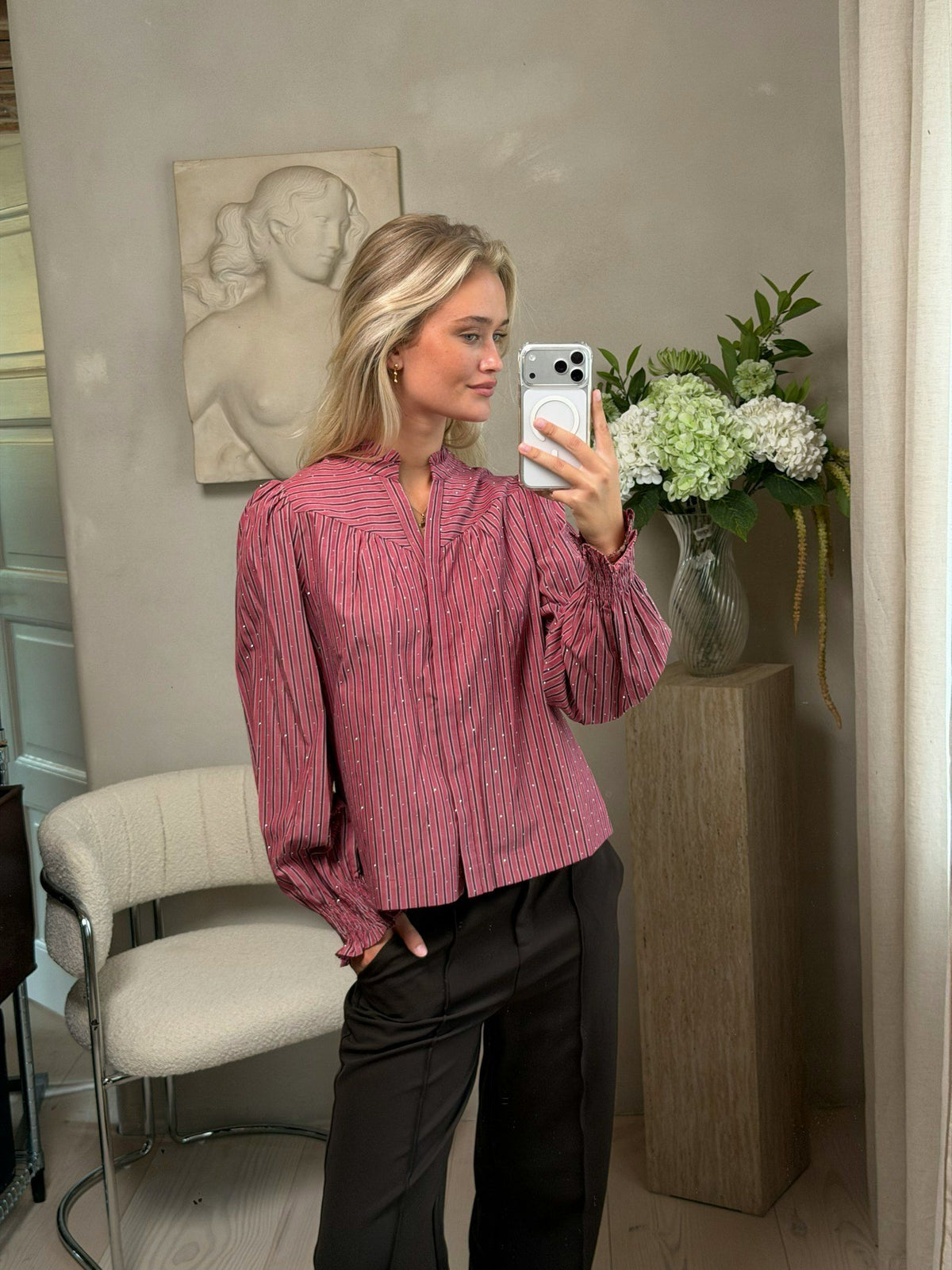 Neo Noir Bluse - Astrida Soft Stripe Stone Bluse i Dark Rose