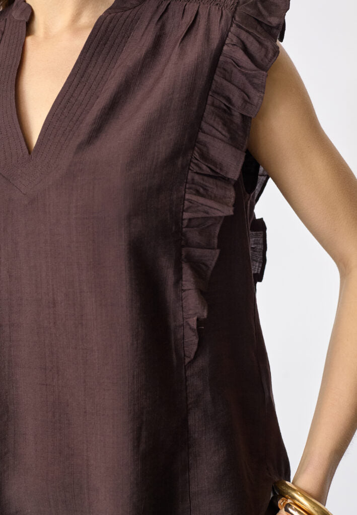 Co´Couture Top - HeraCC Frill SS V-top i Dark Brown