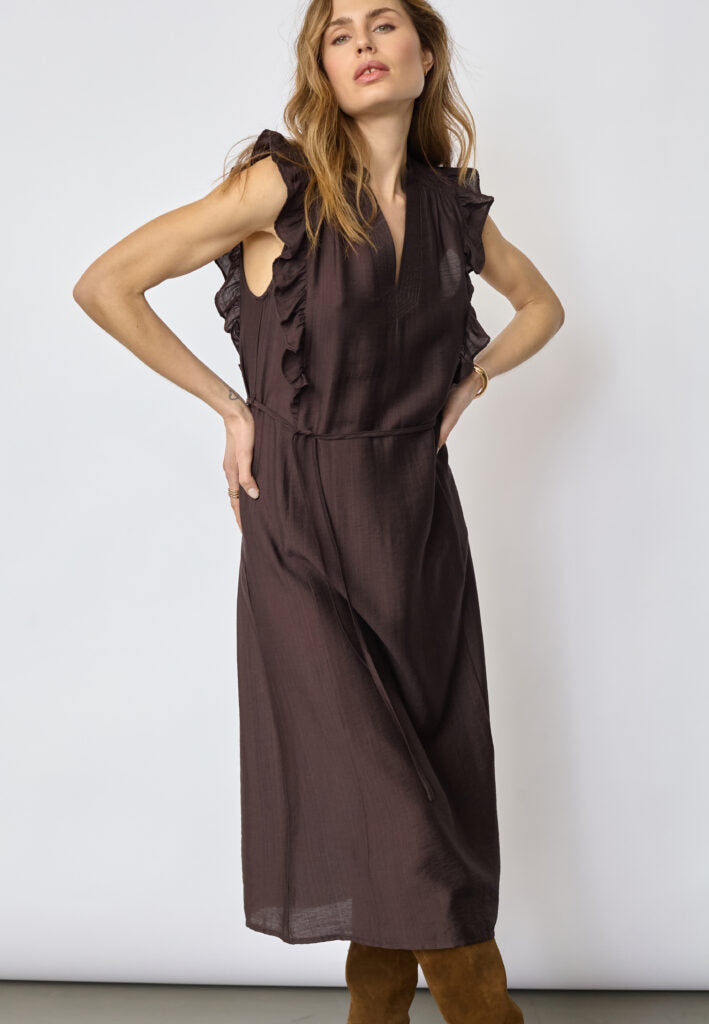 Co´Couture Kjole - HeraCC Frill SS V-Kjole i Dark Brown
