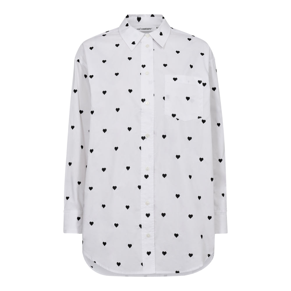 Co´Couture Skjorte - HeartCC Oversize Skjorte i Hvid Med Sorte Hjerter