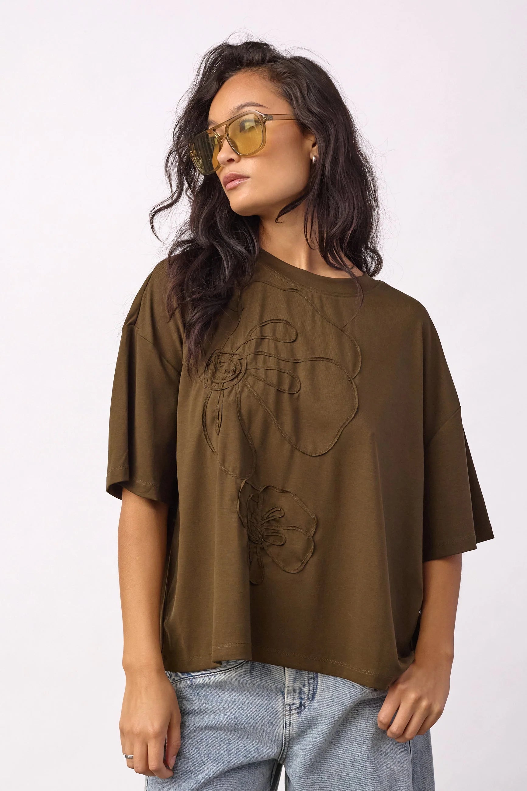 Co´Couture Bluse - IvaraCC Flower T-shirt i Dusty Army