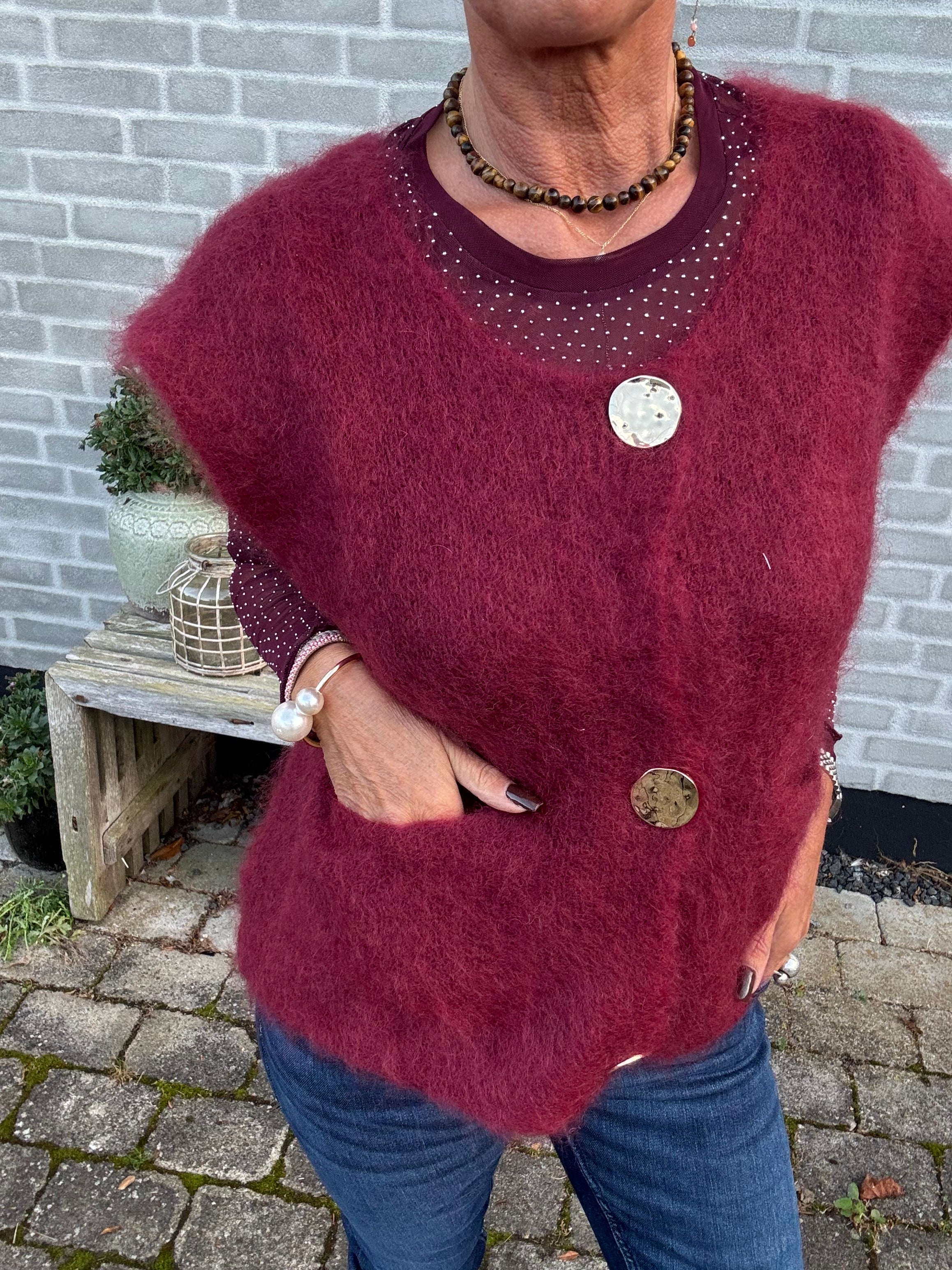 Black Colour Vest - BcBjoerk Strik Vest med Knapper i Plum