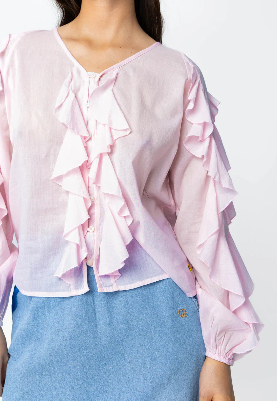 Coster Copenhagen Bluse - Bluse Med Flæser På Ærmerne i Pale Rose
