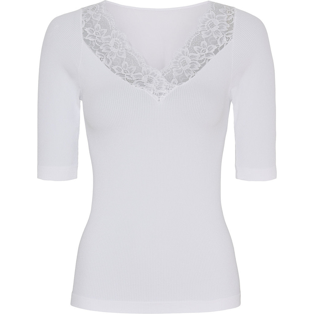 Tim & Simonsen Top - Belen Rib V-Lace SS Top i Bianco Hvid
