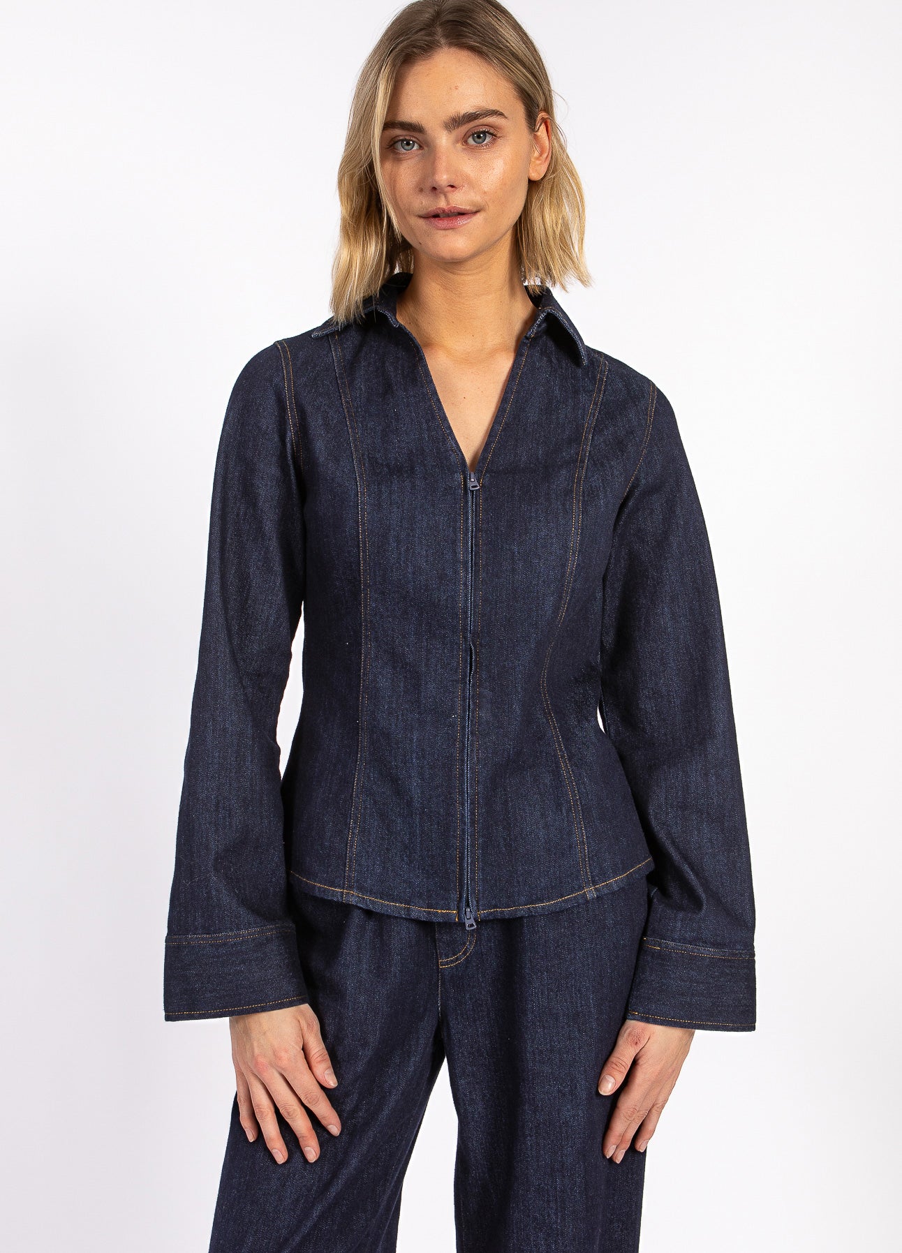 Coster Copenhagen Skjorte - CC Heart Kalani Denim Zip Skjorte i Dark Blue Denim