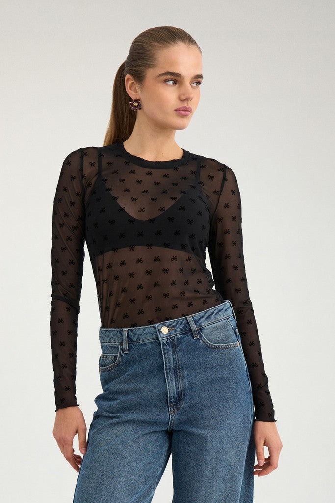 Nümph Bluse - NuBowana LS Mesh Bluse i Caviar Sort