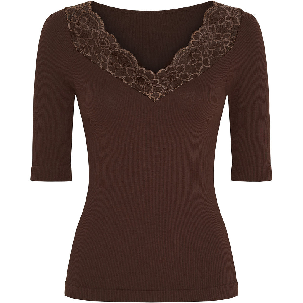 Tim & Simonsen Top - Belen Rib V-Lace SS Top i Cioccolate